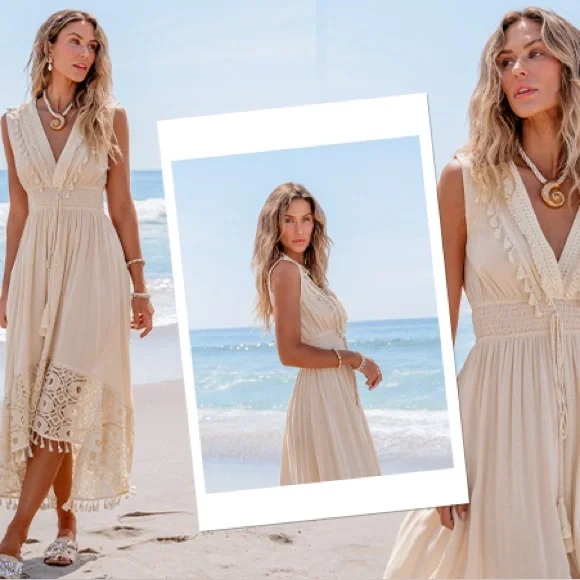 Boutique Bohemian Plunge Shell Tassel and Crochet Dress, M - Picture 7 of 7